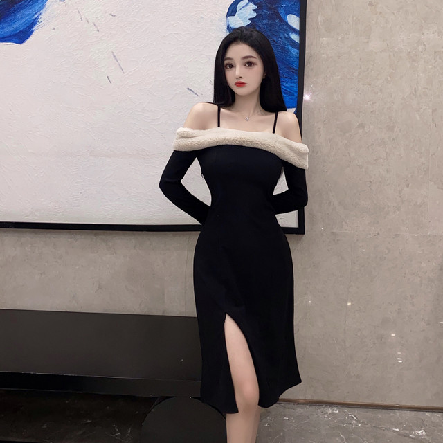 2022 autumn and winter new Korean version of the long-sleeved off-shoulder sexy temperament Christmas annual meeting long skirt dress female trend