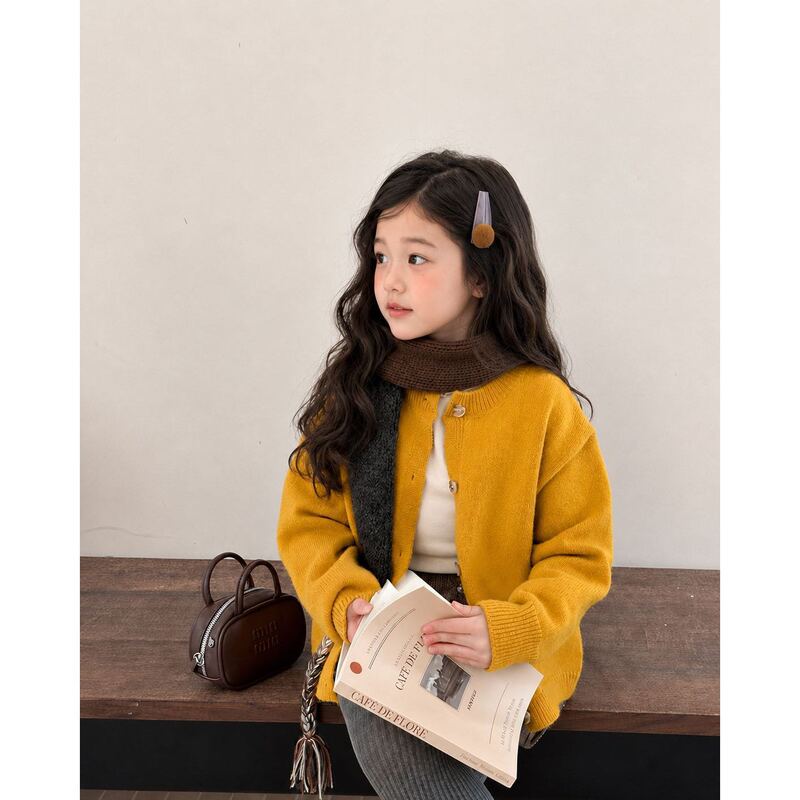 Korean-Style Children's Pumpkin Yellow Loose Sweater Cardigan for Girls, Simple Single-Breasted Knit Outerwear