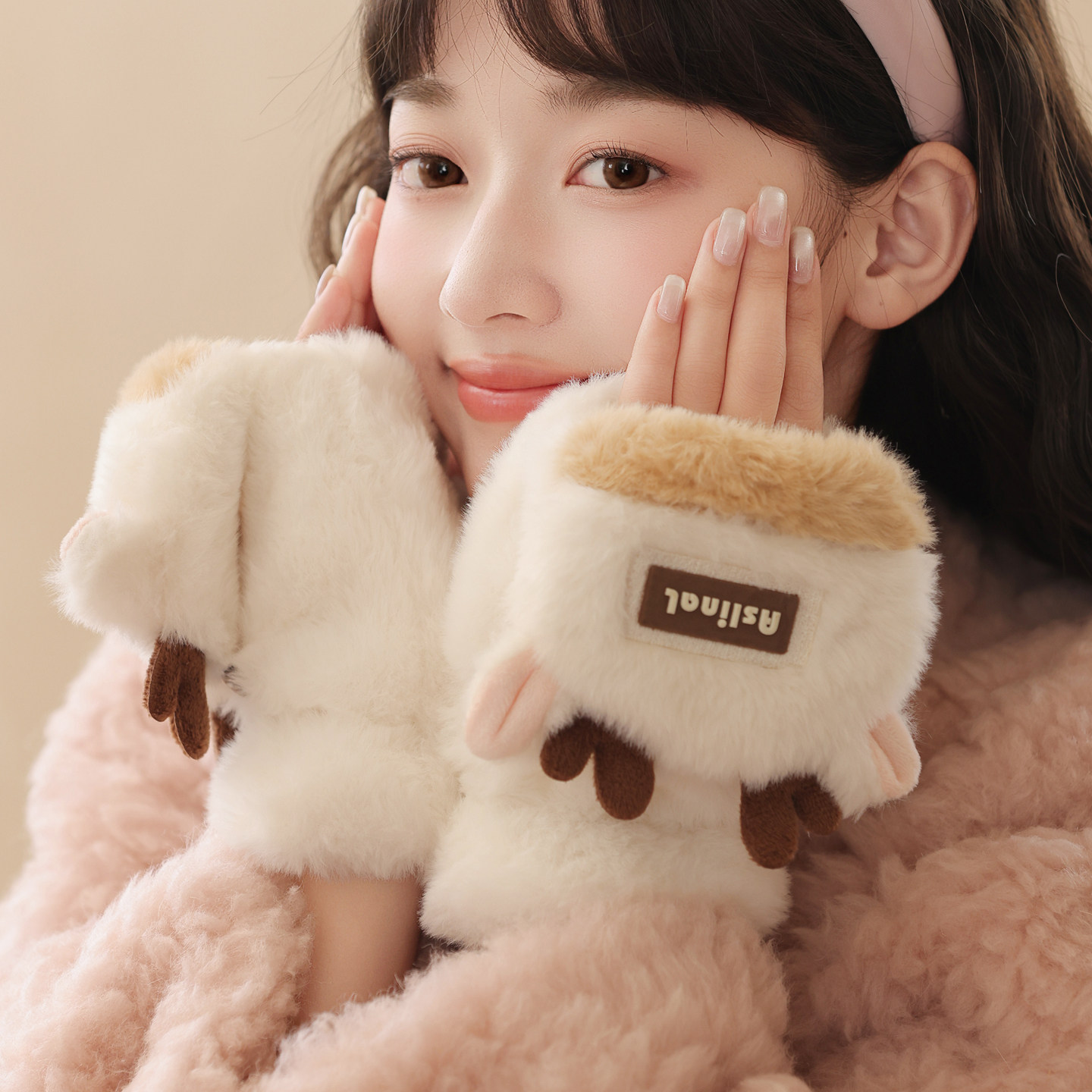 Christmas plush gloves, winter thickened, warm, cute, for students, cycling, cold protection, half-finger style, 2025 new style.