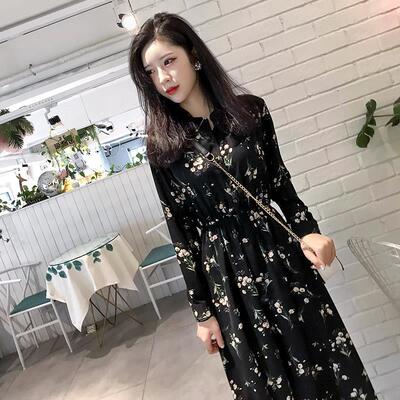 复古碎花大码雪纺连衣裙女春秋