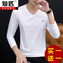 Mens long sleeve T-shirt spring and autumn 2021 new cotton V neck coat trend inside wear autumn clothes outside wear base shirt