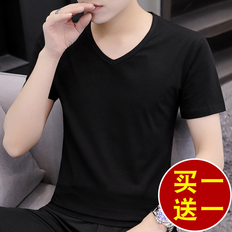 Ice silk short sleeve T-shirt men 2021 new summer solid color black half sleeve V collar Joker slim dress