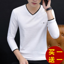 White long-sleeved T-shirt mens cotton spring and autumn 2021V-neck jacket trend wear autumn clothes