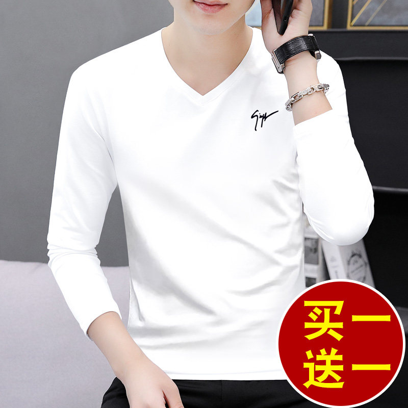 Men's long-sleeved T-shirt winter 2022 spring and autumn pure cotton V-neck white casual inner T-shirt autumn clothes bottoming T-shirt
