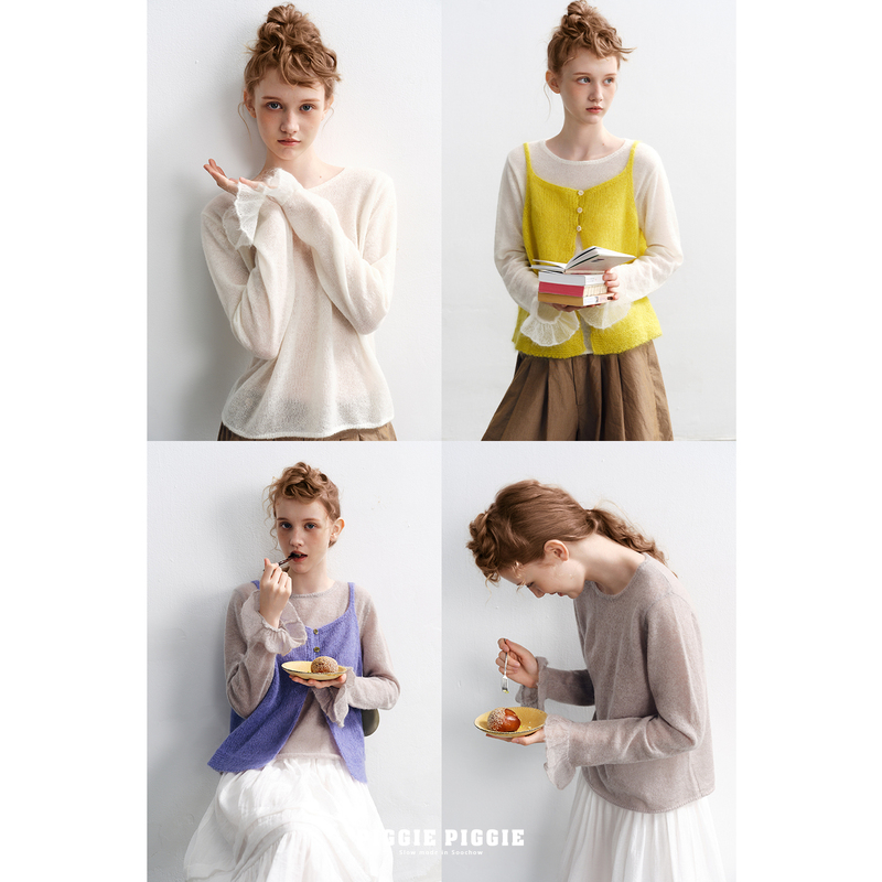 Piggie Piggie Mohair Sheep Wool Hazy Lace Cuff Pullover Layered Knitwear Pw4203 Piggie Piggie Mohair Sheep Wool Hazy Lace Cuff Pullover Layered Knitwear Pw4203