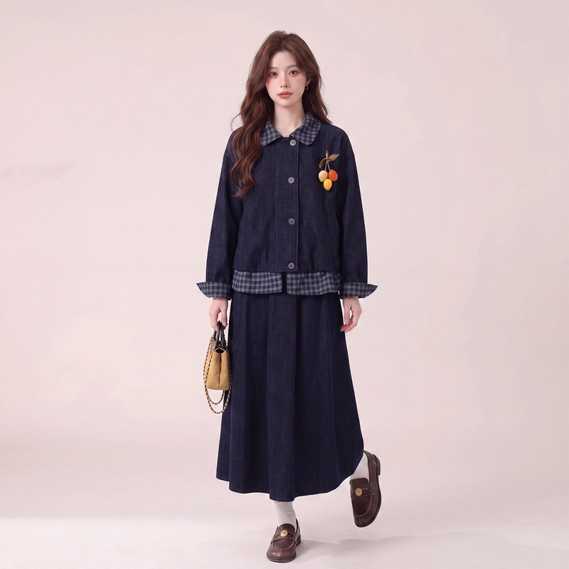 Academy-Style Plaid Patchwork Denim Suit for Women, Faux Two-Piece Lapel Jacket and Skirt, New Autumn 2026 Collection