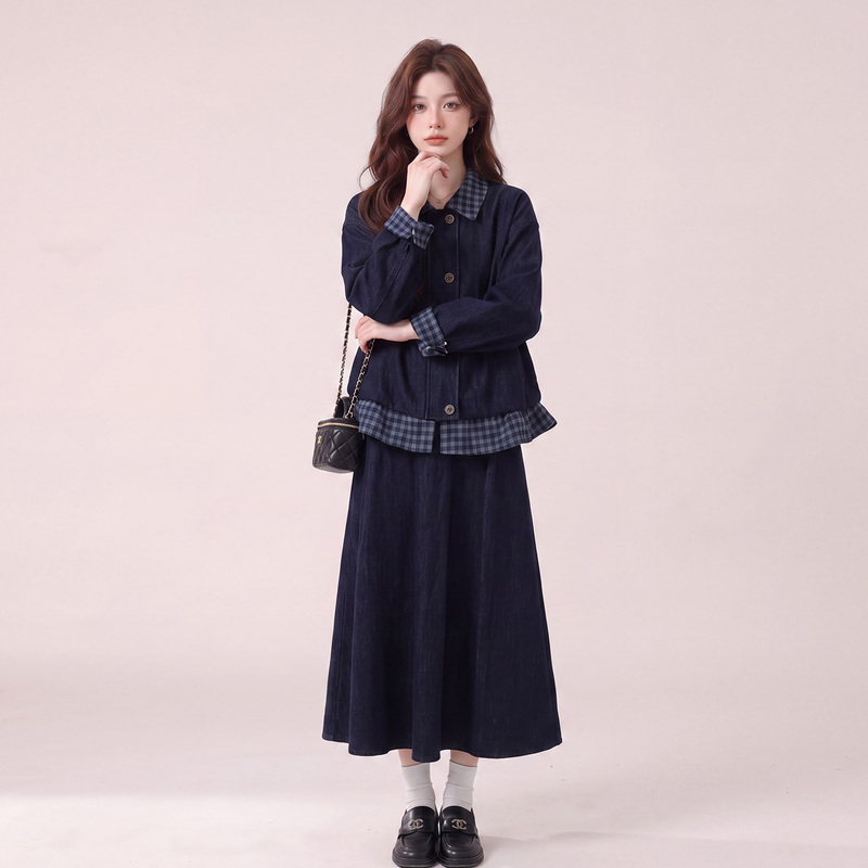 Plaid Patchwork Denim Suit for Women 2026 Autumn New Style Fake Two-Piece College Style Two-Piece Set Plaid Patchwork Denim Suit for Women 2026 Autumn New Style Fake Two-Piece College Style Two-Piece Set