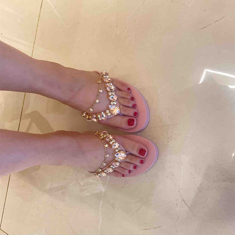 2026 New Style ins Rhinestone Chain Thick-Soled Flip-Flops for Women, Summer Outdoor Wear, Beach Vacation Wedge Flip-Flops