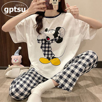 Japan GP pure cotton cartoon pajamas for women summer thin round neck short-sleeved plaid trousers can be worn outside home clothes set