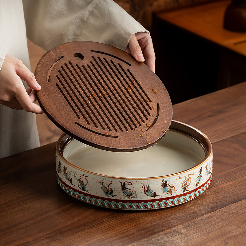 Ru Kiln Dunhuang Flying Fairy Gilded Tea Tray Household Drainage Tray Water Storage Tray Kung Fu Tea Set Dry Brewing Tea Table Ceramic Tea Tray