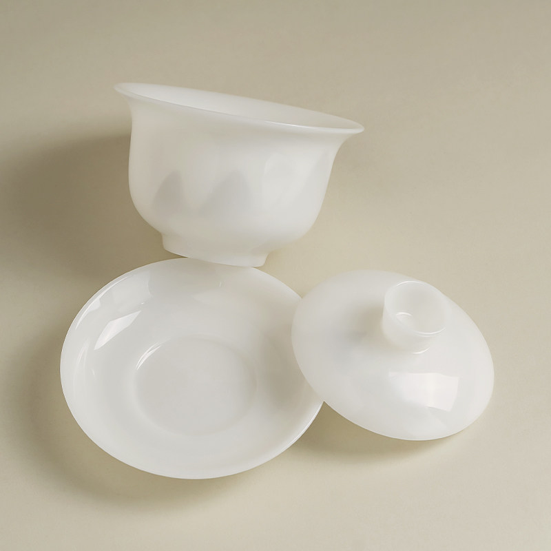 High-End Single-Piece Jade Tea Bowl with Lid for Home Use, Kung Fu Tea Brewing Bowl, Premium Jade Tea Set