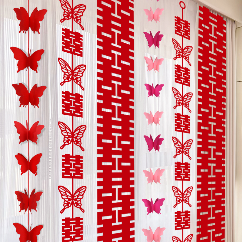 Wedding Gift Strip Happy Words drapes Curtain Pendant Wedding house Placement suit New room Bedroom Decoration Stereopsis Butterfly Laspend-Taobao