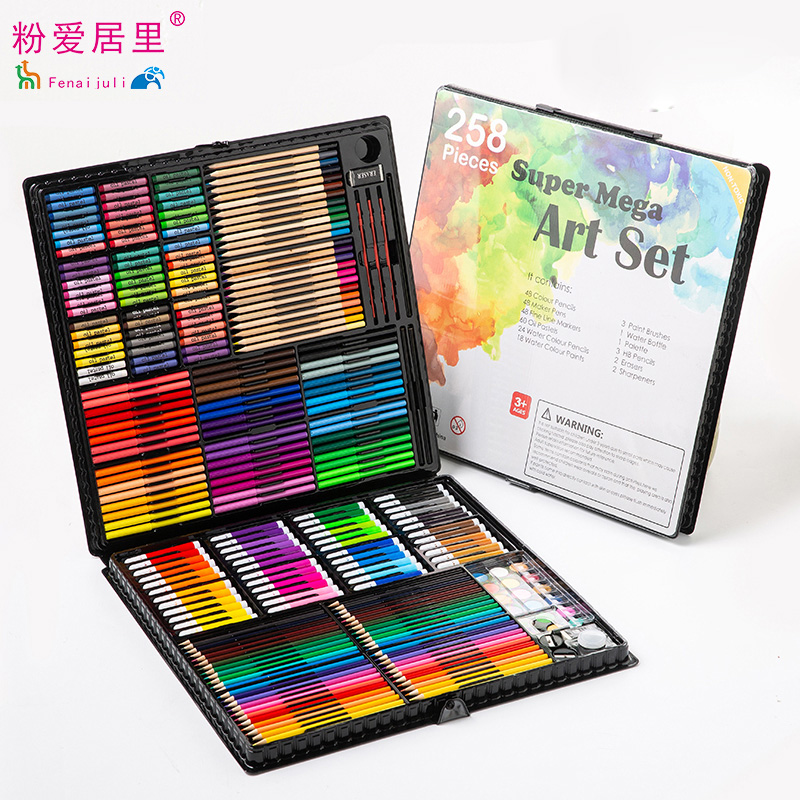 Powder Love Residence PVC Gift Box Painting Paintbrush Study Suit 258 Pieces Kindergarten Children Elementary School Children Fine Art Supplies Washable Watercolor Pen Learning Suit Drawing Tool
