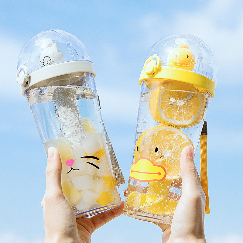 Douyin Net Red Little Yellow Duck Water Cup Stirring Straw Baby Drinking Water Cup Girl Heart Cute Summer Portable