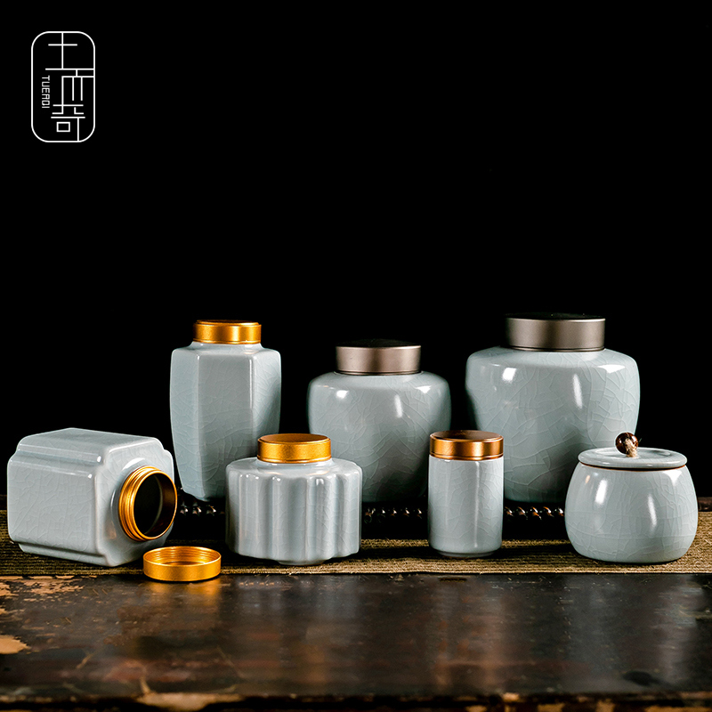 Ru Kiln Tea Leaf Jar Ceramic Sky Green Storage Seal Pot Open Sheet Tea Box Tea Bin Pu'er Portable Utive Tea Furniture Household