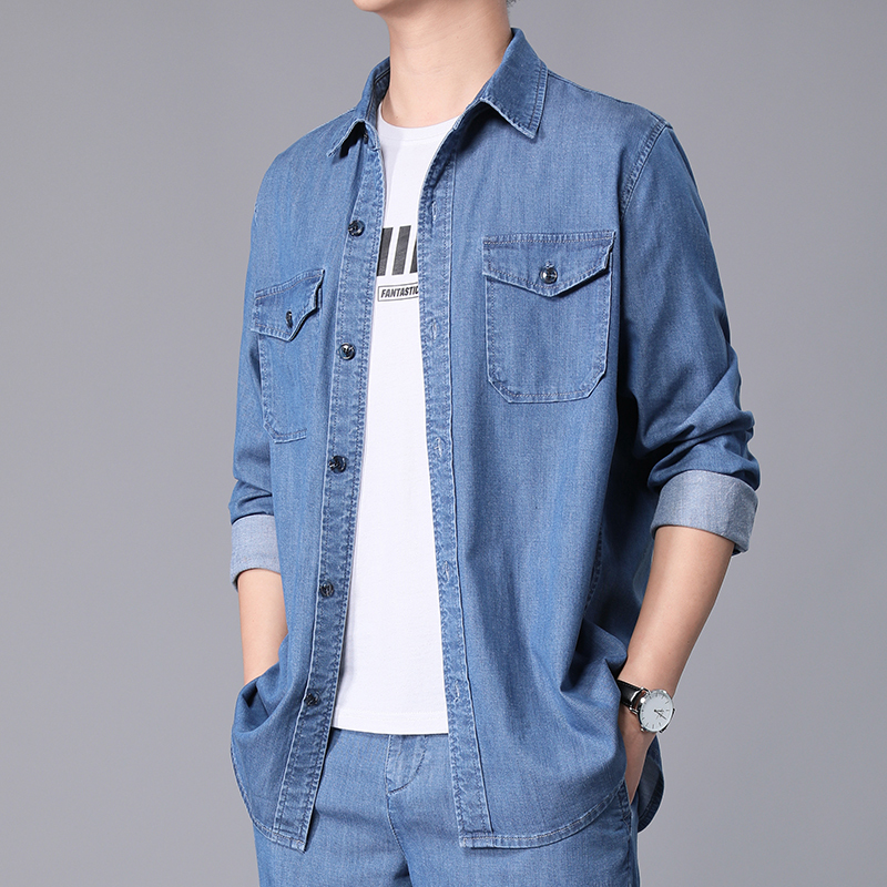 Spring Tencel Denim Shirt for Men, Long-Sleeved Loose Jacket, Summer Ice Silk Ultra-Thin Shirt, Men's Short-Sleeved Shirt Spring Tencel Denim Shirt for Men, Long-Sleeved Loose Jacket, Summer Ice Silk Ultra-Thin Shirt, Men's Short-Sleeved Shirt
