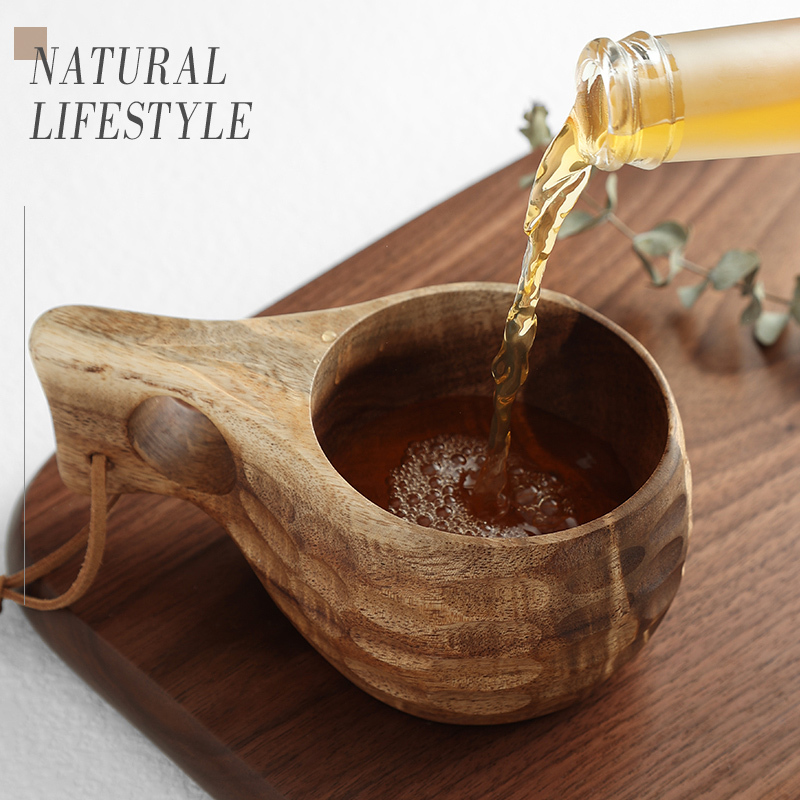 Finnish Wooden Cup Large Capacity Milk Cup Wooden Coffee Cup Outdoor Camping Portable Cup with Handle Mini Cup