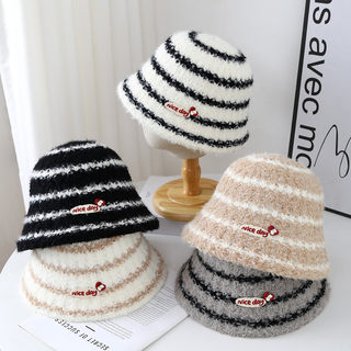 韩版新款撞色条纹毛绒渔夫帽子女佩戴舒适时尚百搭水桶帽针织休闲