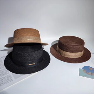 新款草帽子女春夏法式平顶礼帽英伦遮阳防晒出游海边显脸小平沿帽