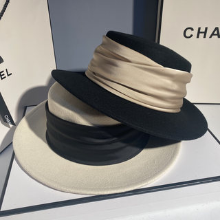 French-Style Socialite Hat for Women, Autumn and Winter Fashion, Versatile Fedora, British Retro Black Wool Flat-Top Hat, Elegant