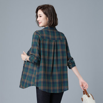 Pure cotton long-sleeved plaid shirt, women's style, cotton spring and autumn 2023 new large size shirt, mother's jacket