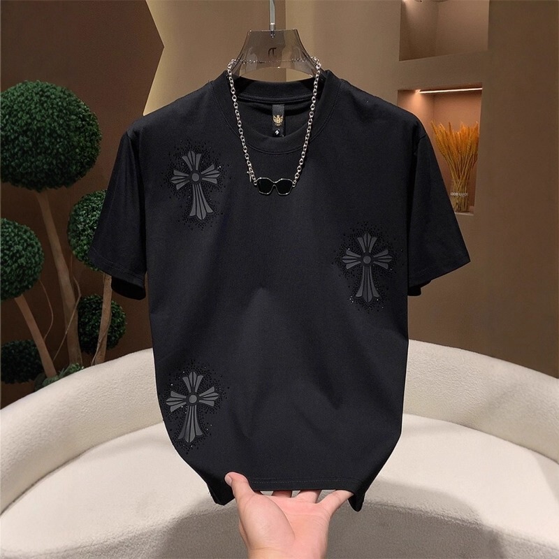European Trendy Brand Rhinestone Round Neck Short-Sleeve T-Shirt for Men, 2026 Summer New High-Quality Cool Half-Sleeve Top