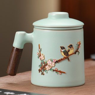 Ru Kiln Cloisonné Filigree Wooden Lid Filter Ceramic Tea Cup, Tea-Water Separation, Personal Use, Office and Home Use Tea Brewing Cup