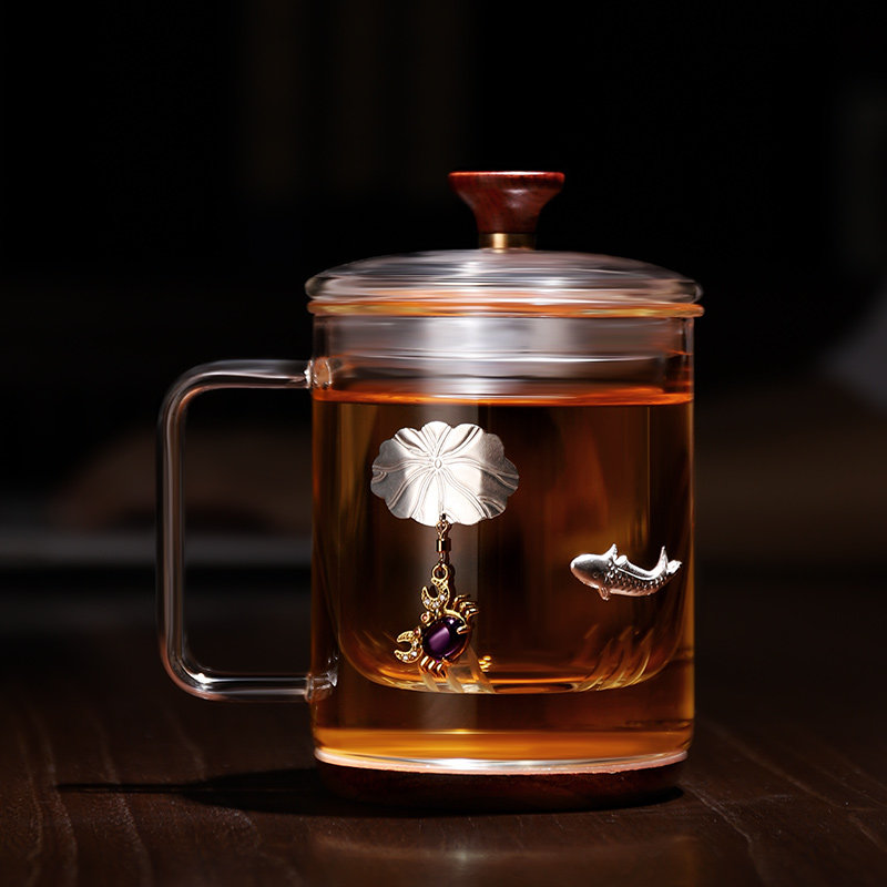 Holiday gift heat-resistant glass office water cup brewing cup with filter thickened household inlaid silver tea cup