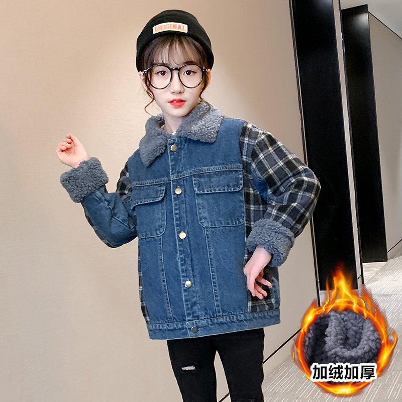 Girls in autumn and winter cowboy plus jacket 2022 new children's pie thickening windwear 12 year old girl