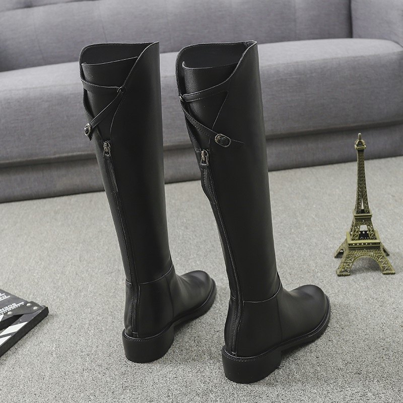 European station 2022 autumn and winter leather but knee boots thick heel back zipper high boots round toe new knight boots women