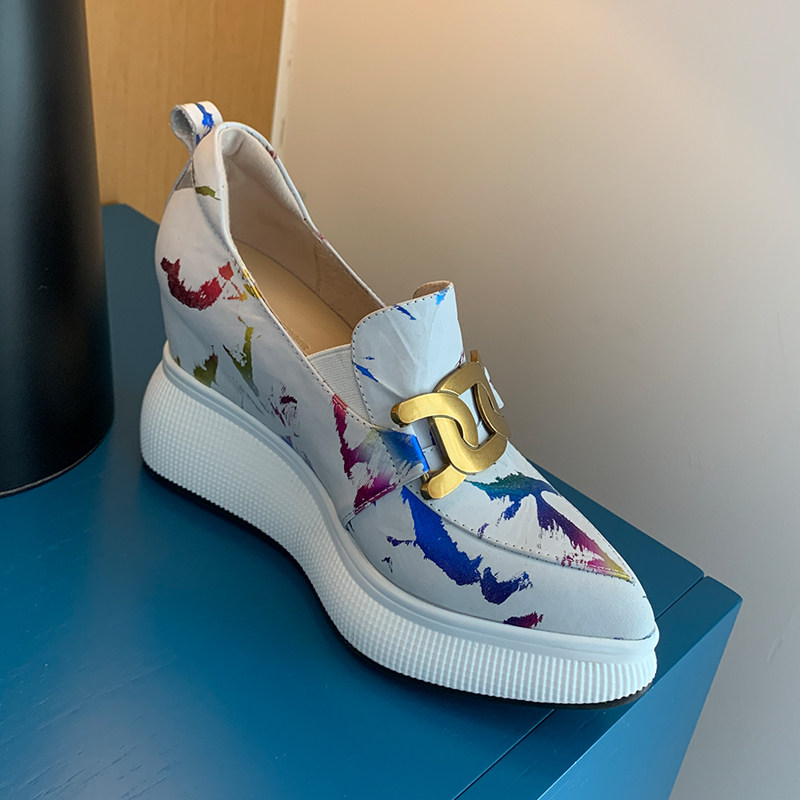 High-heeled spring and autumn new leather wedge single shoes women's flower color pointed toe thick bottom slip on inner heightened loafers trend