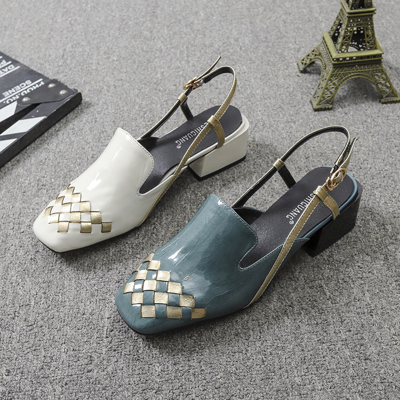 Genuine leather Baotou sandals women's mid-heel 2022 summer new bright leather square toe back space chunky heel fashion all-match women's shoes