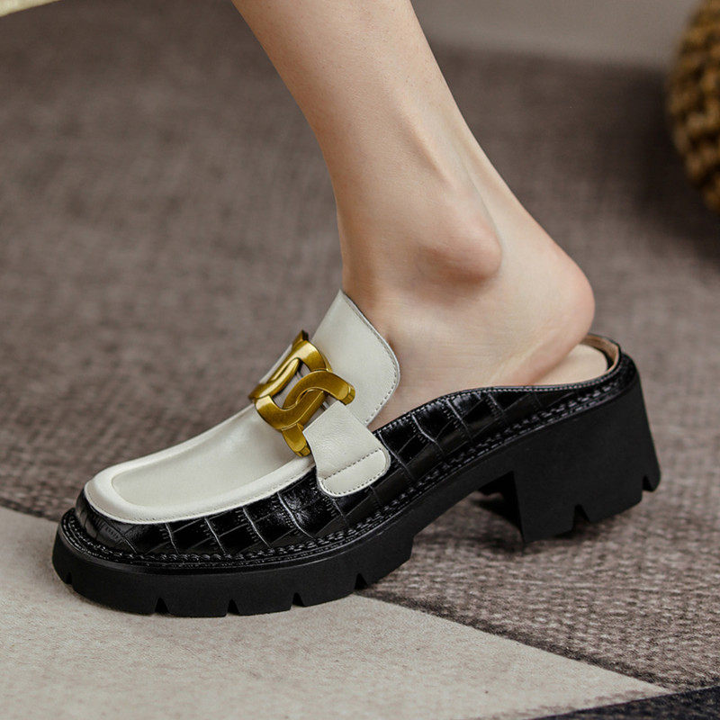 Retro Outerwear Thick Sole Baotou Half Slippers Women Leather Metal Buckle Lazy Sandals Thick Heel Sponge Cake Bottom Color Matching Single Shoes