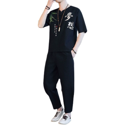 Мужской летний комплект для отдыха, китайский стиль, большой размер, из хлопка и льна, с вышивкой, короткий рукав