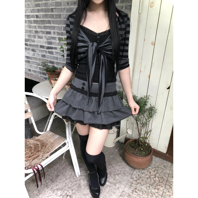 Lace Gray | Black and Gray Striped Lace-Up Cardigan, Slimming Gray Style with a Vintage Feel, Versatile Adjustable Sleeve Short Jacket. Lace Gray | Black and Gray Striped Lace-Up Cardigan, Slimming Gray Style with a Vintage Feel, Versatile Adjustable Sleeve Short Jacket.