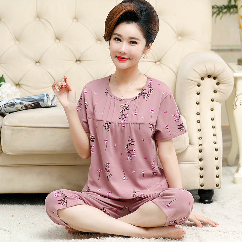 Summer women's pajamas Cotton silk rayon short-sleeved women's middle-aged and elderly short-sleeved pajamas pajamas plus mother pajamas