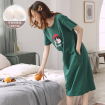 With bra night dress Womens summer cotton short sleeve with chest pad Thin long knee-length dress can be worn outside large pajamas