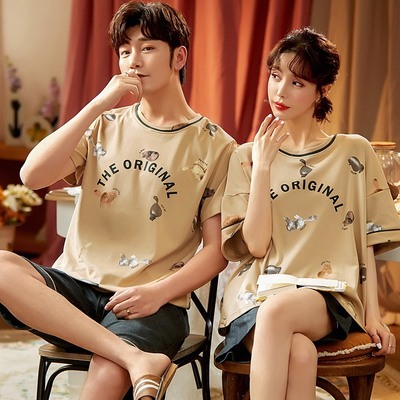 情侣睡衣男士女两件套夏季可外穿纯棉短裤短袖可爱薄款家居服套装