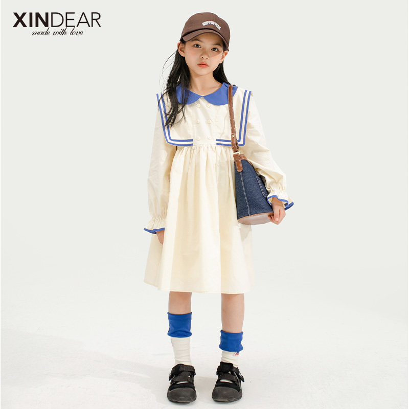 Girl Long Sleeve College Windy Dress 2022 Spring New Girl Navy Collar Full Cotton Spring Autumn Dress Pure Color