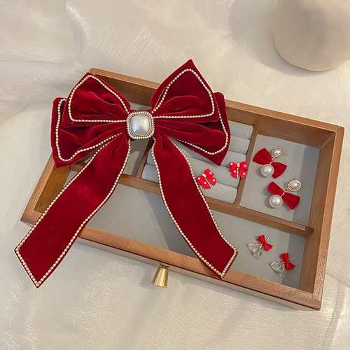 Ретро красный бархатный аксессуар для волос с бантиком, заколка для волос, вечернее платье для невесты, изысканный стиль