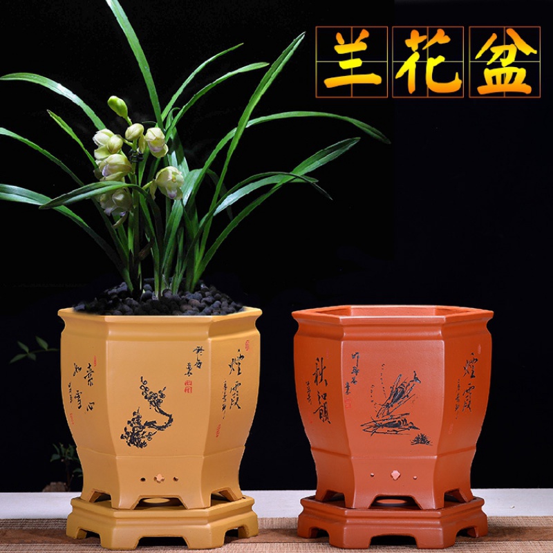 Yixing purple sand flowerpot hexagon clivia flower POTS for indoor household basin orchid ceramics with tray