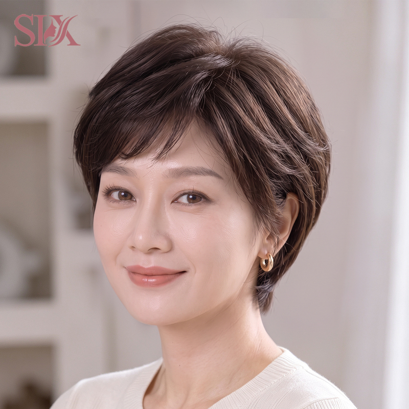 Wig for Women with Short Hair, Breathable and Lightweight for Middle-Aged and Elderly Mothers, Covering Gray Hair, Made of Real Human Hair, Fluffy and Natural Headgear Wig for Women with Short Hair, Breathable and Lightweight for Middle-Aged and Elderly Mothers, Covering Gray Hair, Made of Real Human Hair, Fluffy and Natural Headgear