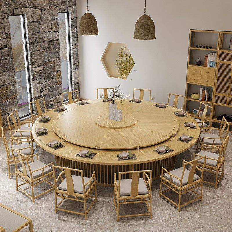New Chinese Hotel Electric Big Round Table High-end Villa Solid Wood Log Wind Civil Club Bag Round 1216d