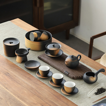 Household Japanese coarse pottery Kung Fu tea set Complete set of household simple ceramic teacup teapot black pottery simple office