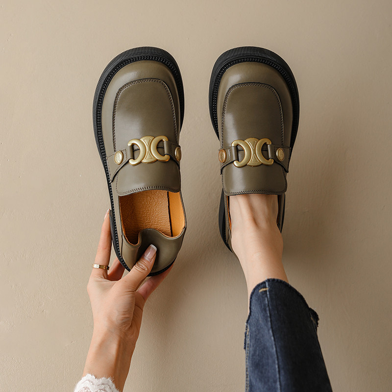 Hezhao 2022 Spring one foot pedal Lefoe shoes female Inron wind small leather shoes coarse heel genuine leather retro single shoe woman