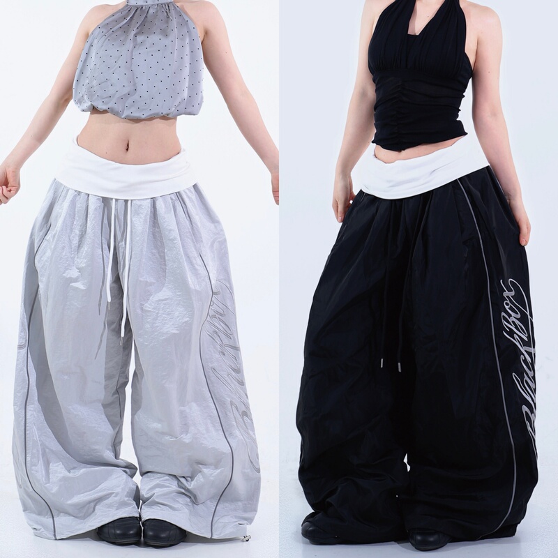 Designed Letter Embroidery Casual Wide-Leg Pants for Women, Summer Thin Quick-Dry Pants, American Retro Jazz Dance Sports Pants