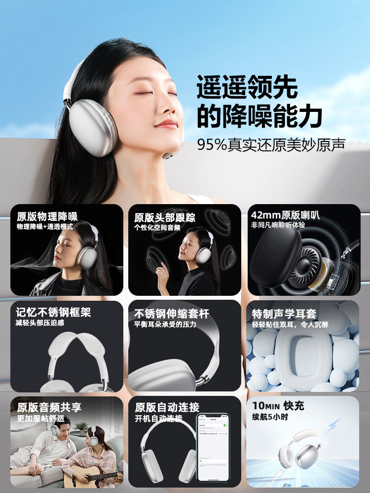 Active Noise-Cancelling Head-Mounted Bluetooth Headset Wireless Gaming Headset Suitable for Apple Max Huaqiangbei 2025 New Model