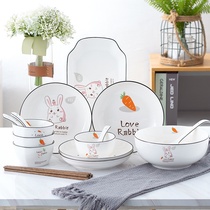  Cute bowl set Small family dish set creative household cartoon bowl set chopsticks ceramic tableware combination small fresh