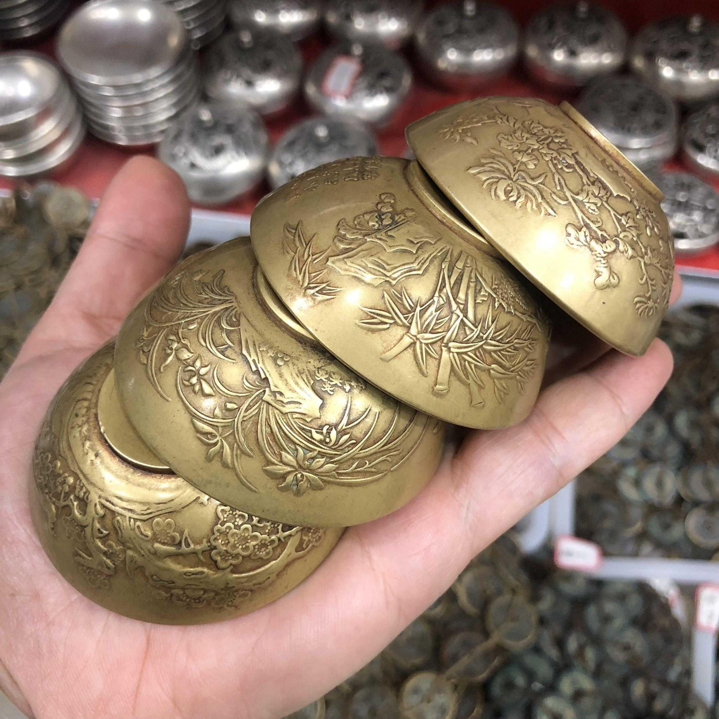 Pure brass bowl of by one of a set of four bronze bowl of kung fu tea cups archaize handicraft glass furnishing articles