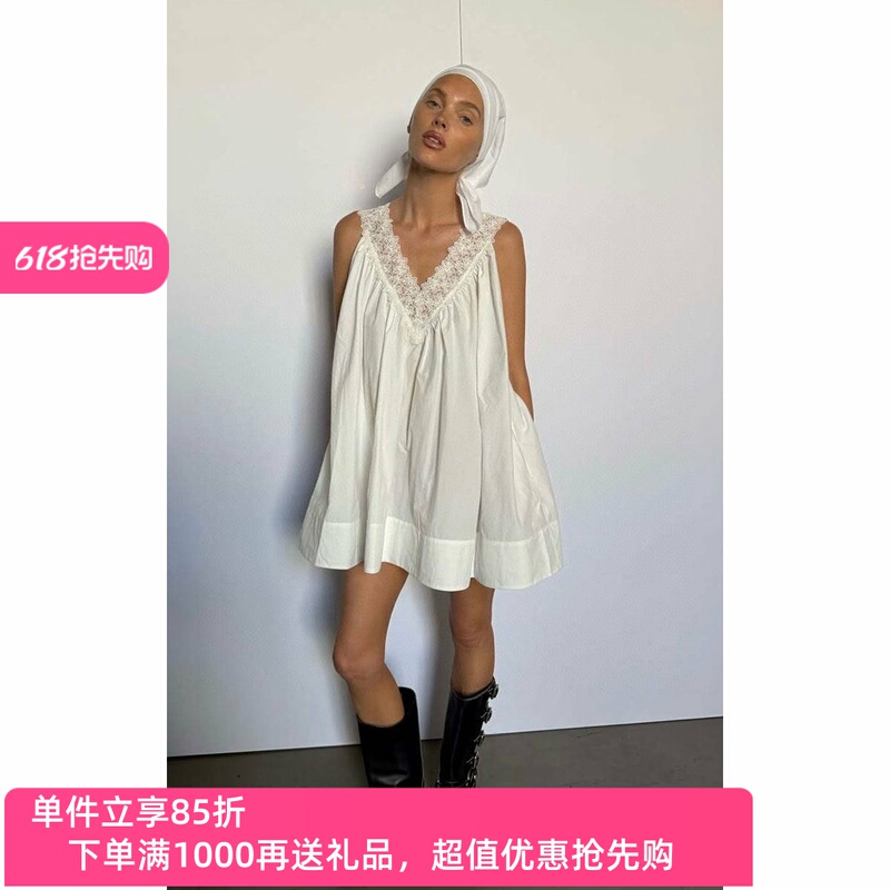 Discounted Helsa Lace Patchwork V-Neck Loose Casual Cotton Long Dress, Same Style as Supermodel Hoskelsa Discounted Helsa Lace Patchwork V-Neck Loose Casual Cotton Long Dress, Same Style as Supermodel Hoskelsa